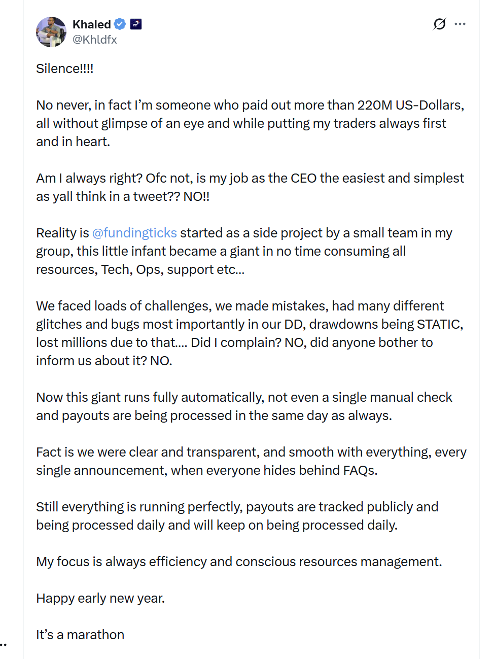 CEO Khaled's response tweet about Funding Ticks controversy